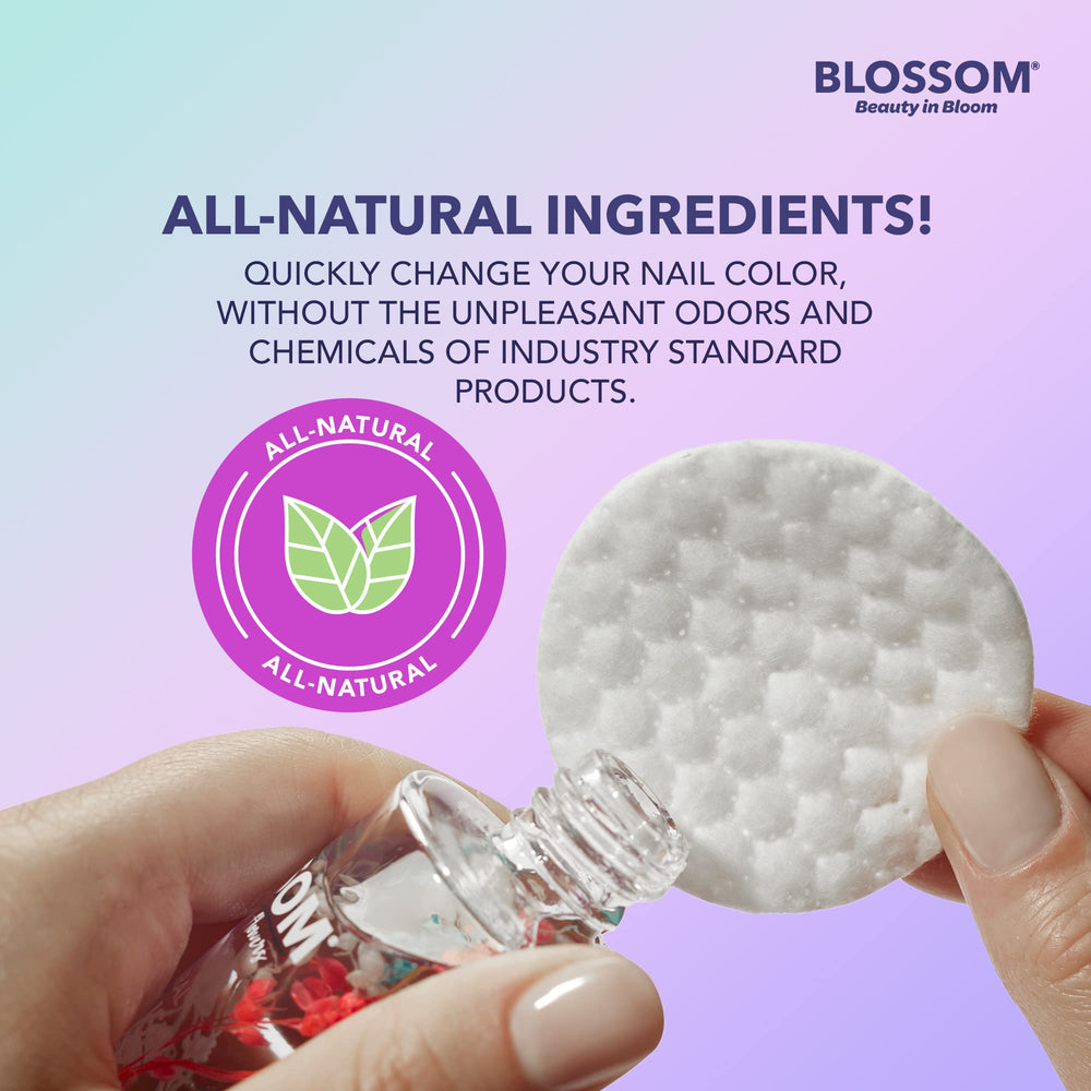 Pouring remover texture from Blossom bottle onto cotton pad illustrating gentle removal