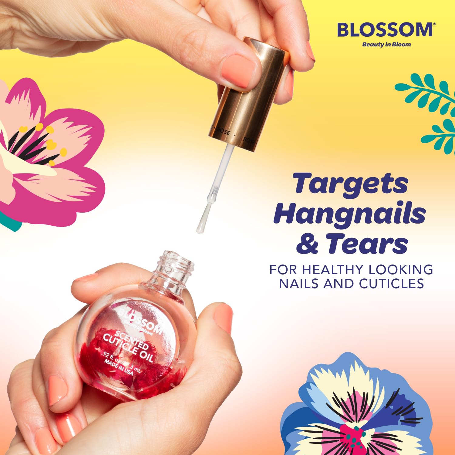 Blossom oil drop on fingertip showing lightweight texture and quick absorption