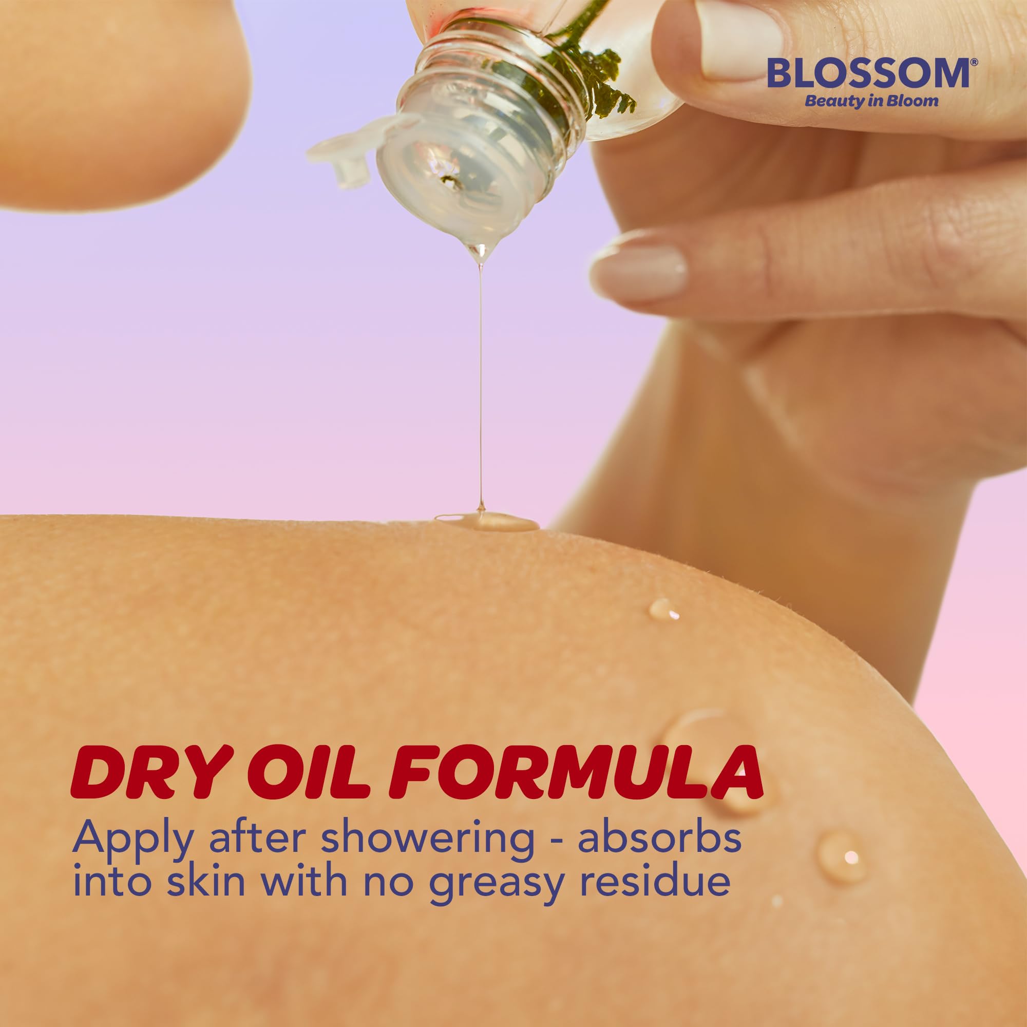 Blossom oil texture on skin close-up, shows lightweight absorption benefit