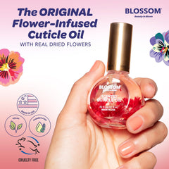 Drop of Blossom oil texture on fingertip showing lightweight moisturizing benefit