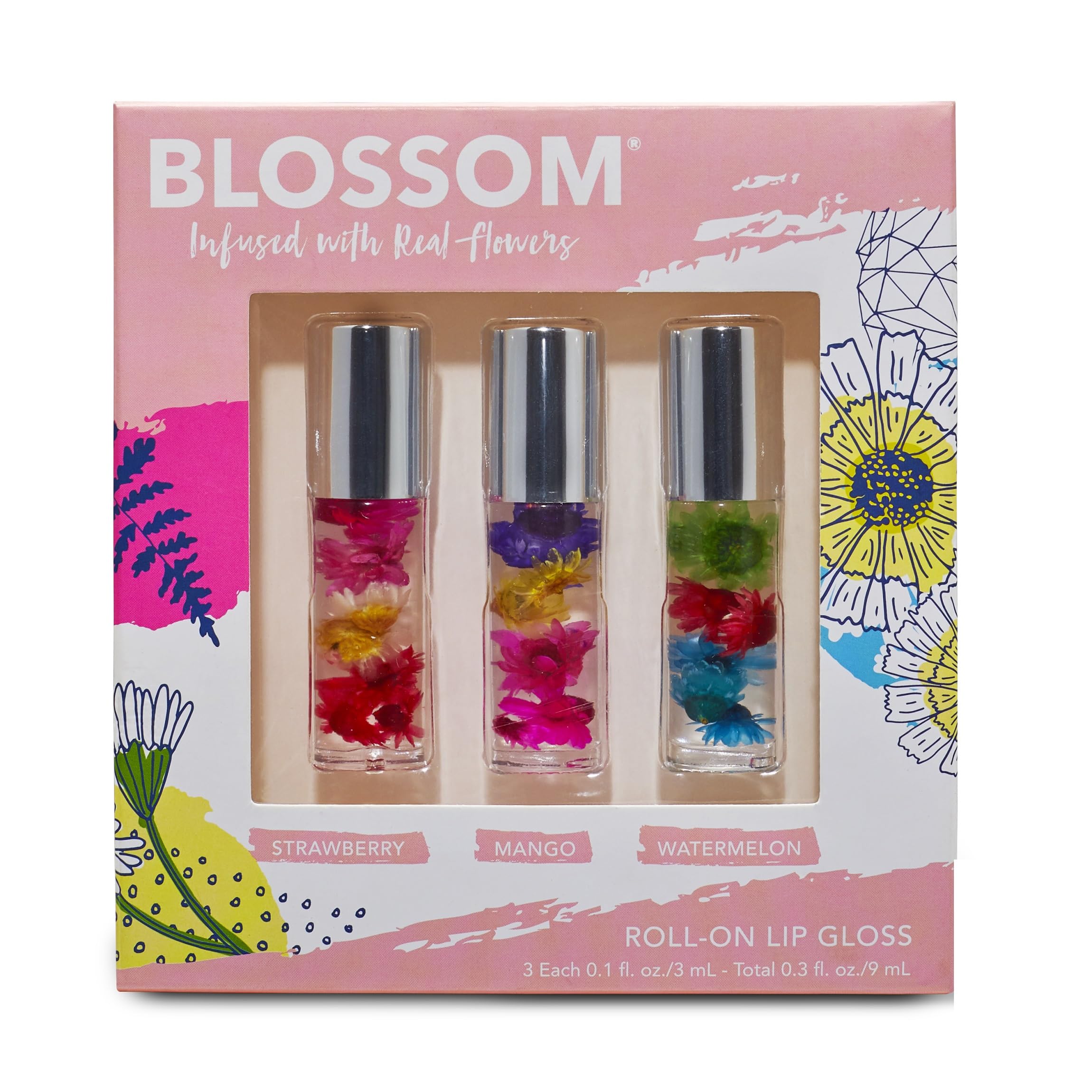 Blossom front packaging of three roll-on glosses shows gift-ready set and shine