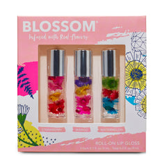 Blossom front packaging of three roll-on glosses shows gift-ready set and shine