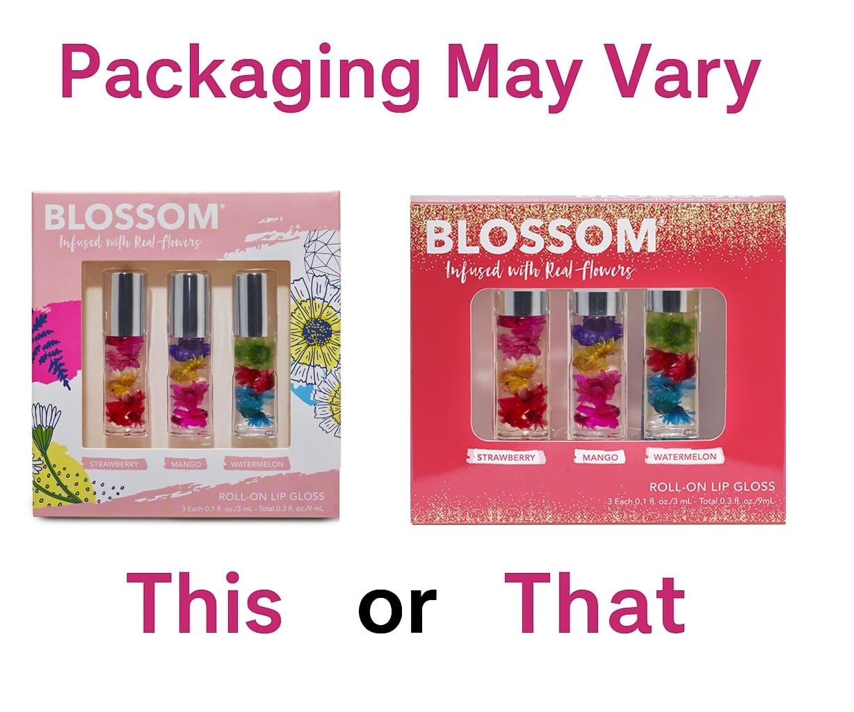 Blossom glosses inside travel pouch suggesting easy on-the-go touch-ups