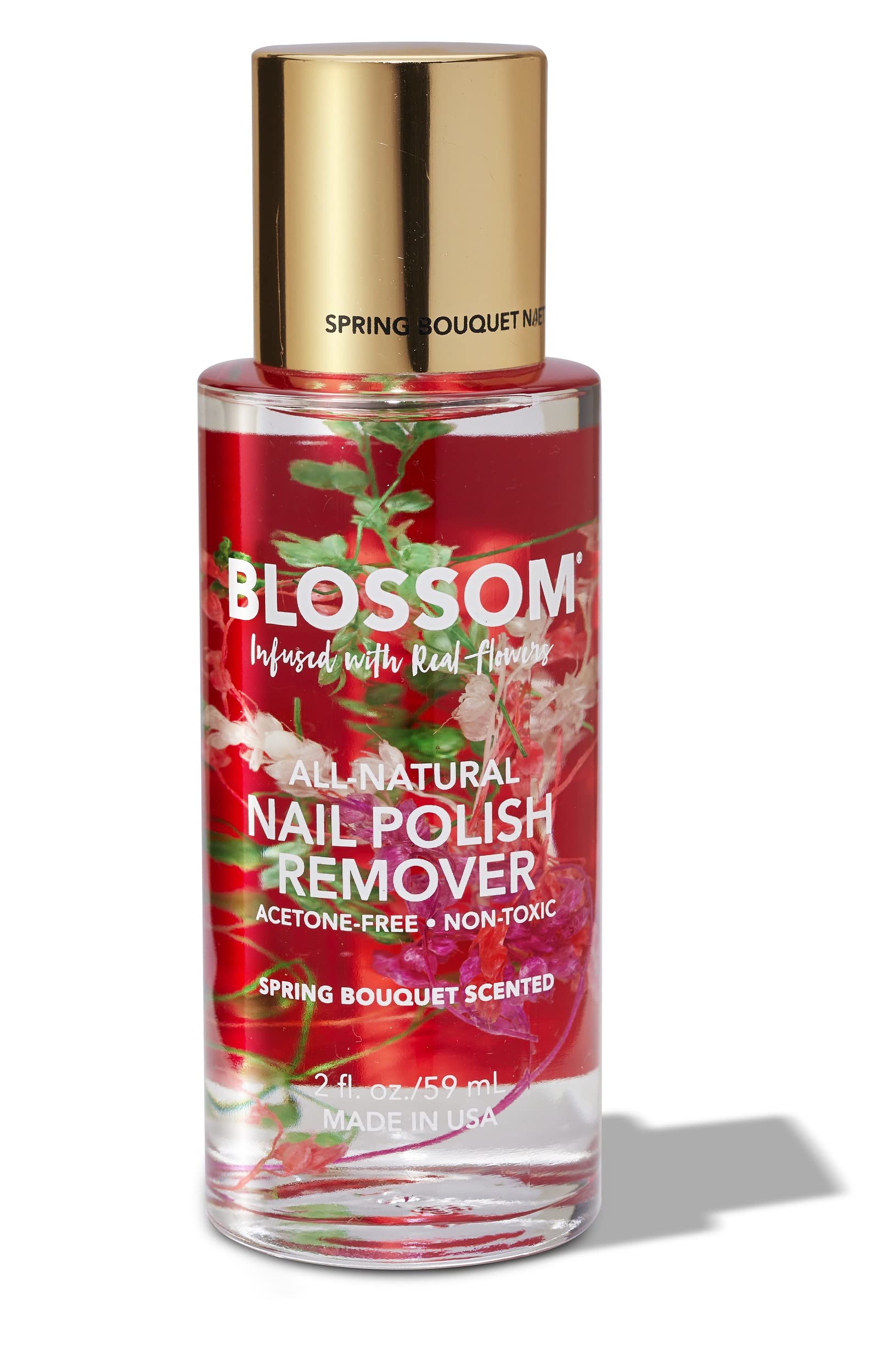 Blossom bottle front view showing spring bouquet flowers and label benefits