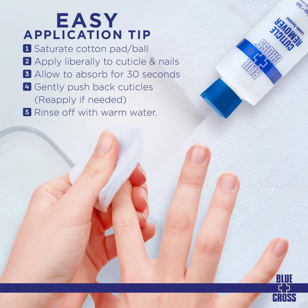 Blue Cross product applied by manicurist demonstrating easy cuticle removal
