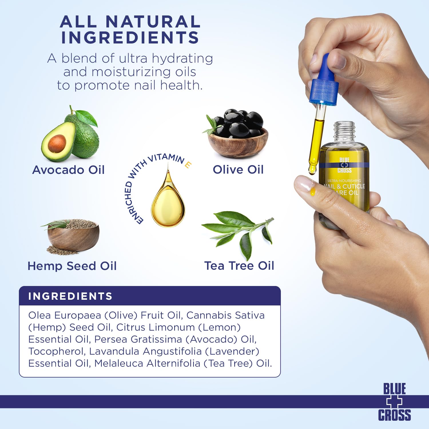 Blue Cross dropper applying oil to a nail bed for easy daily use