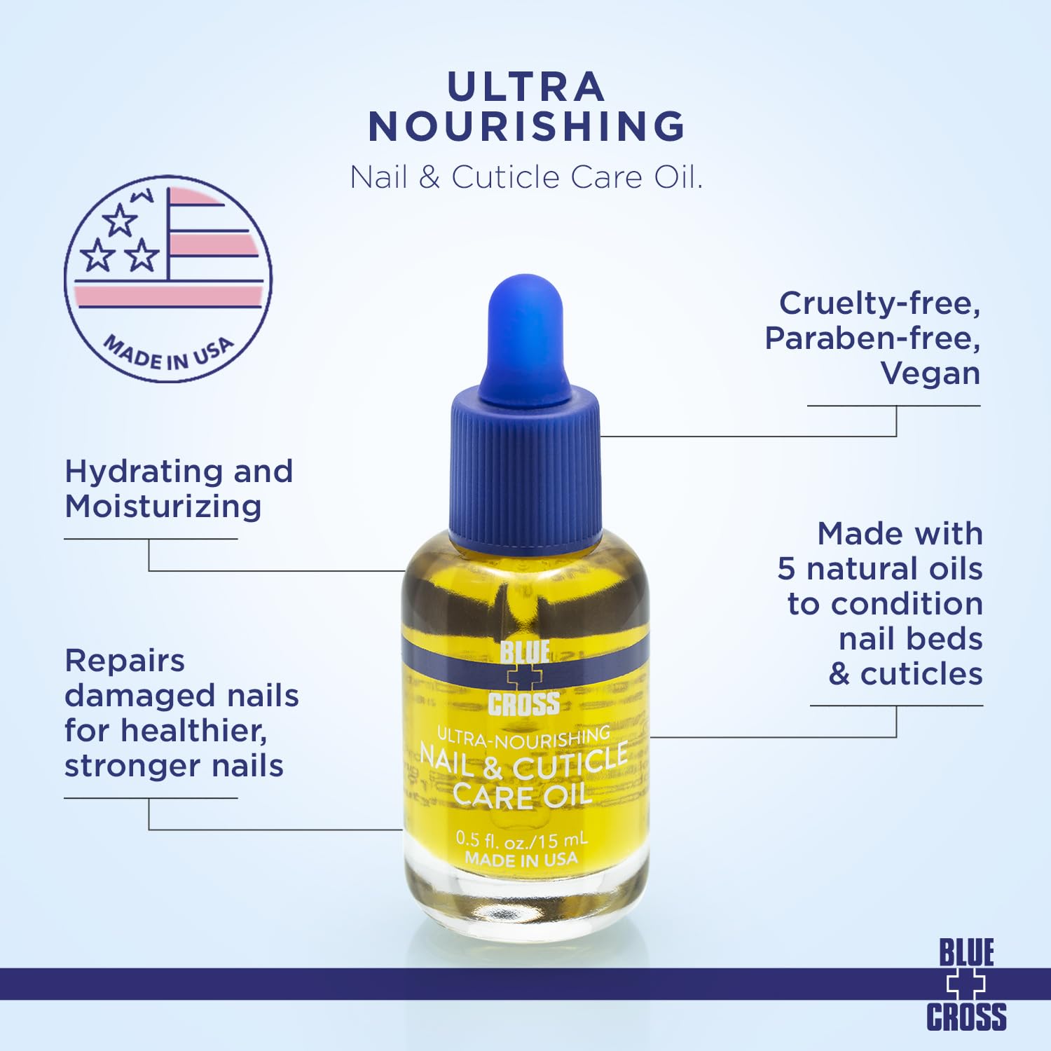 Blue Cross ingredients flatlay with oils and essential oils for natural formula