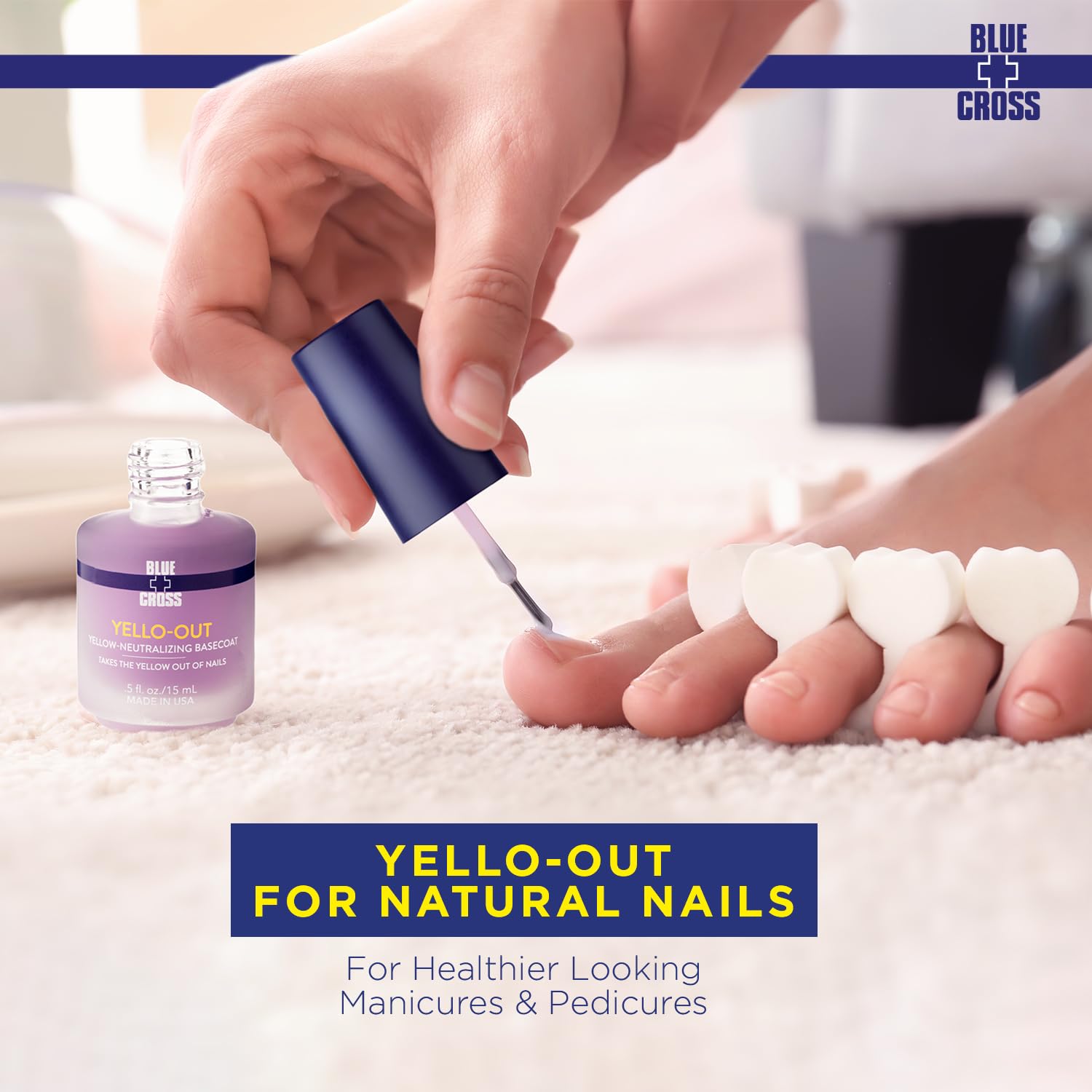 Blue Cross on a vanity with polish and tools illustrating salon-quality results at home