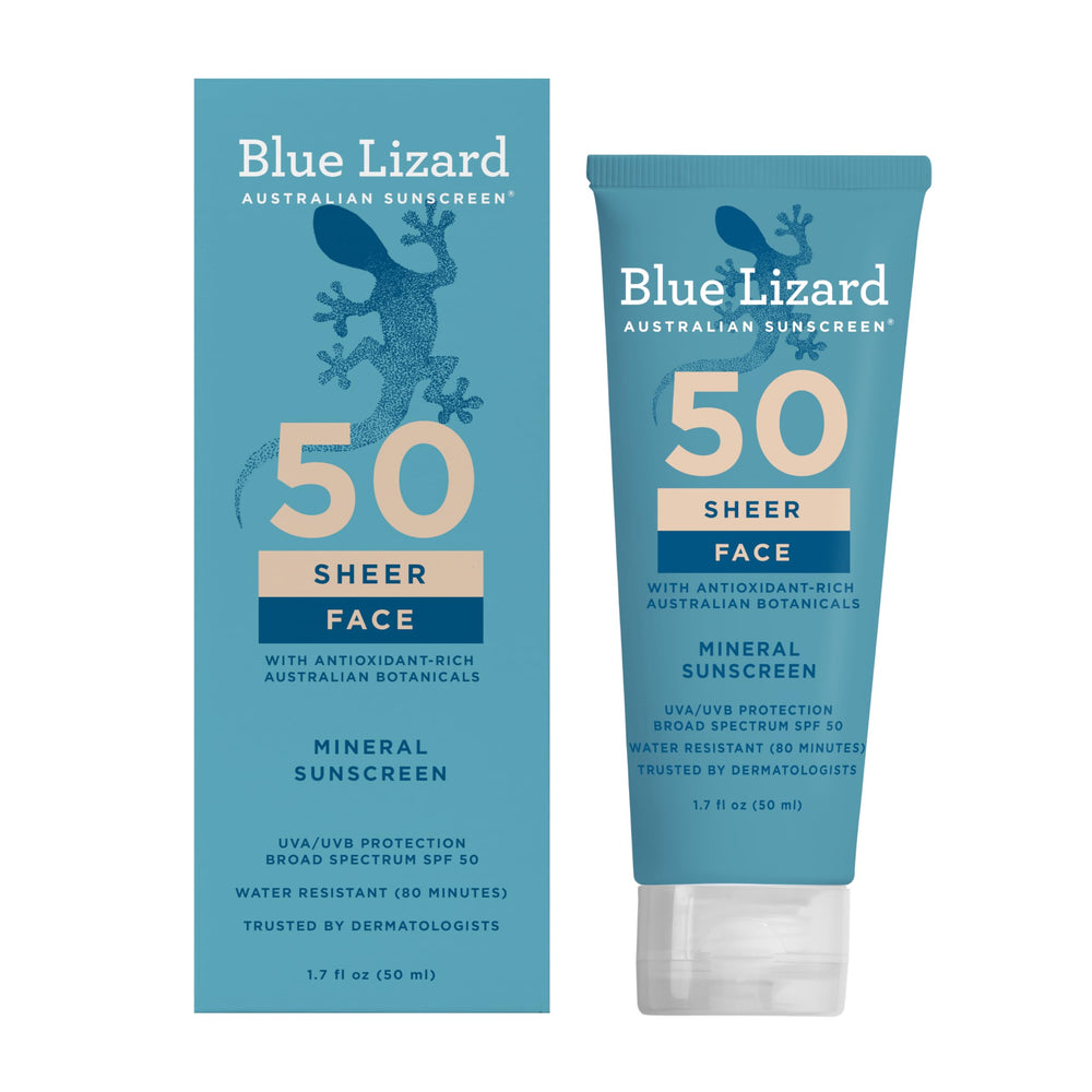Blue Lizard front packaging showing SPF 50 and sheer benefits