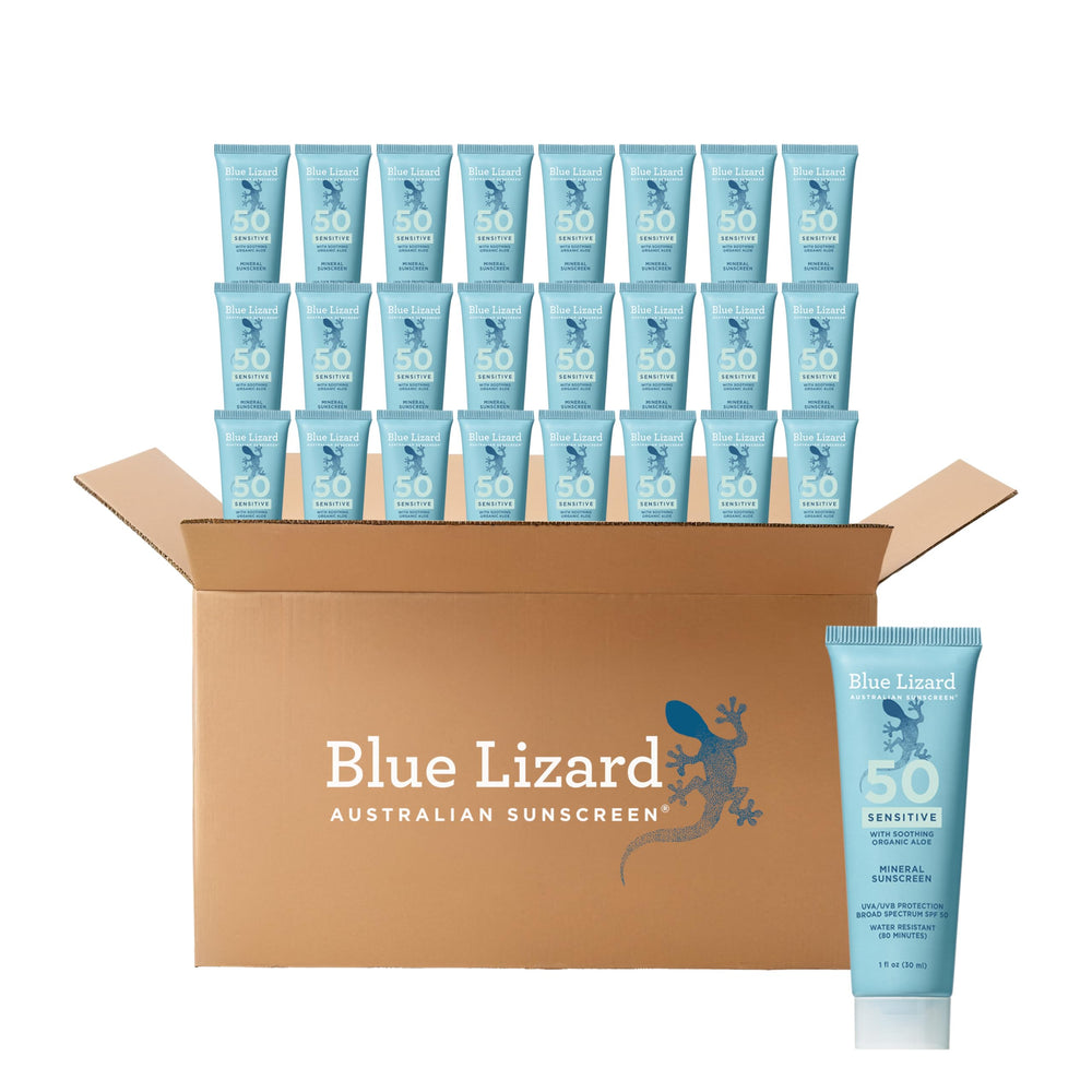 Blue Lizard front tube showing SPF 50 and travel size benefit