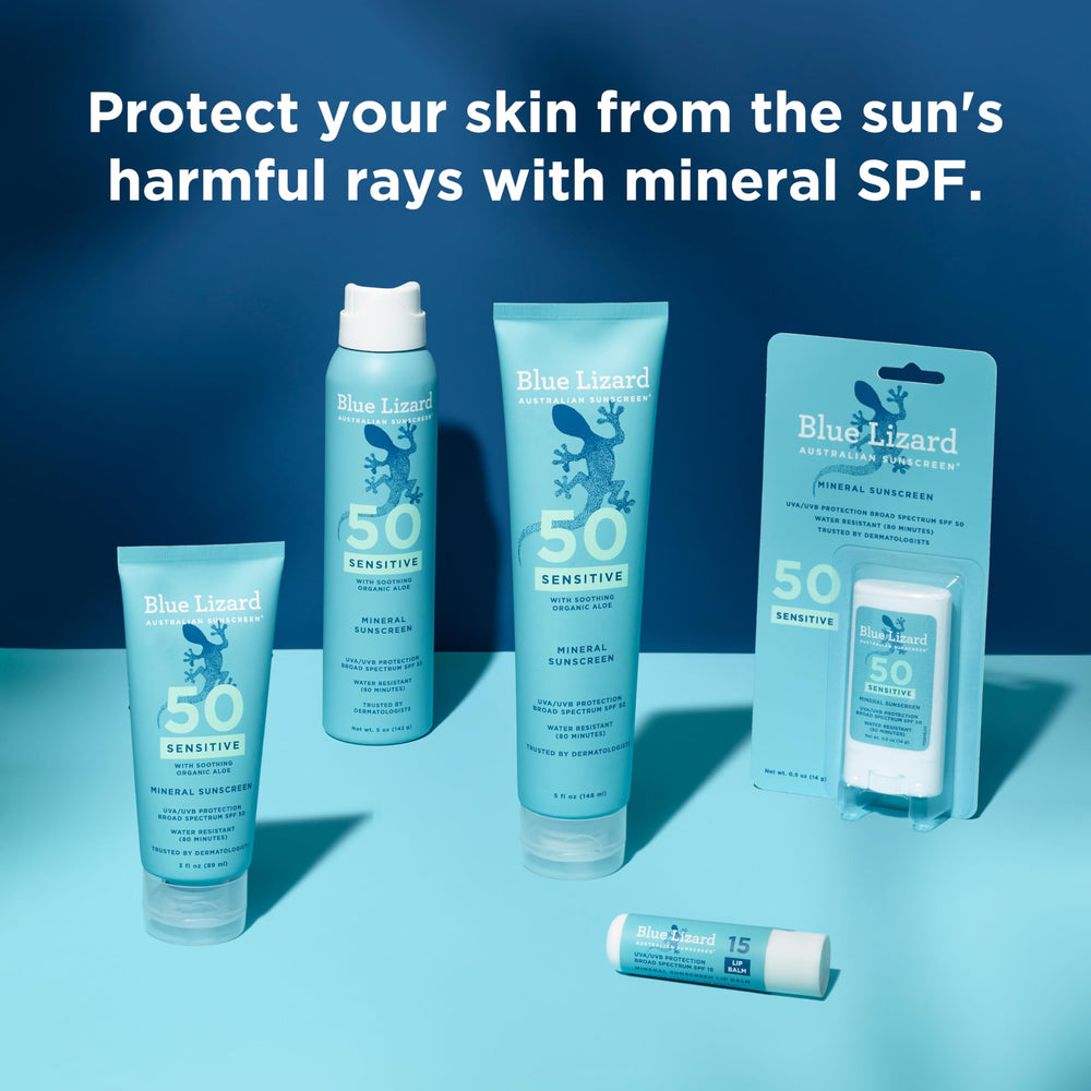 Blue Lizard label close-up showing zinc oxide SPF 15 protection