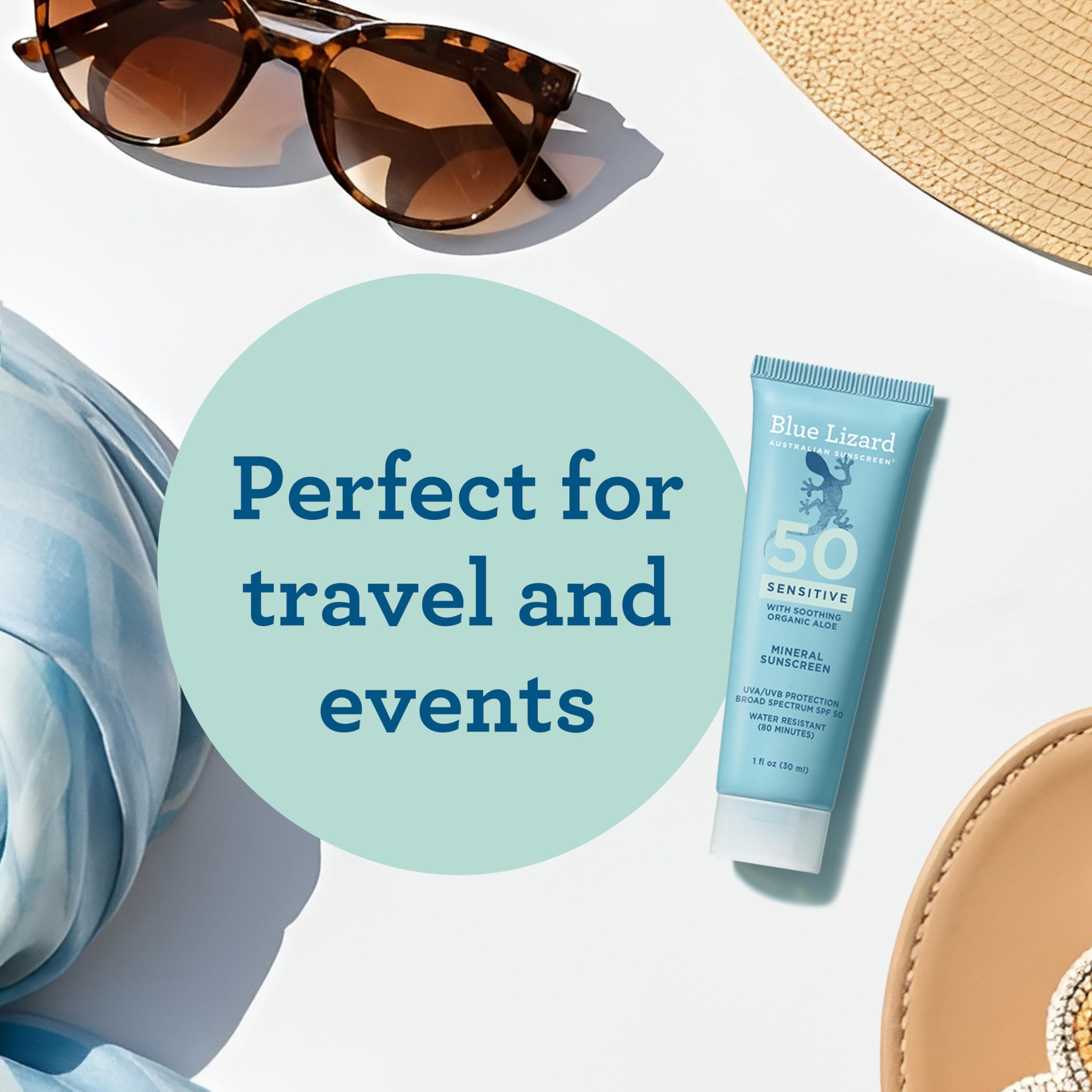 Blue Lizard label close-up listing zinc oxide and titanium dioxide benefit