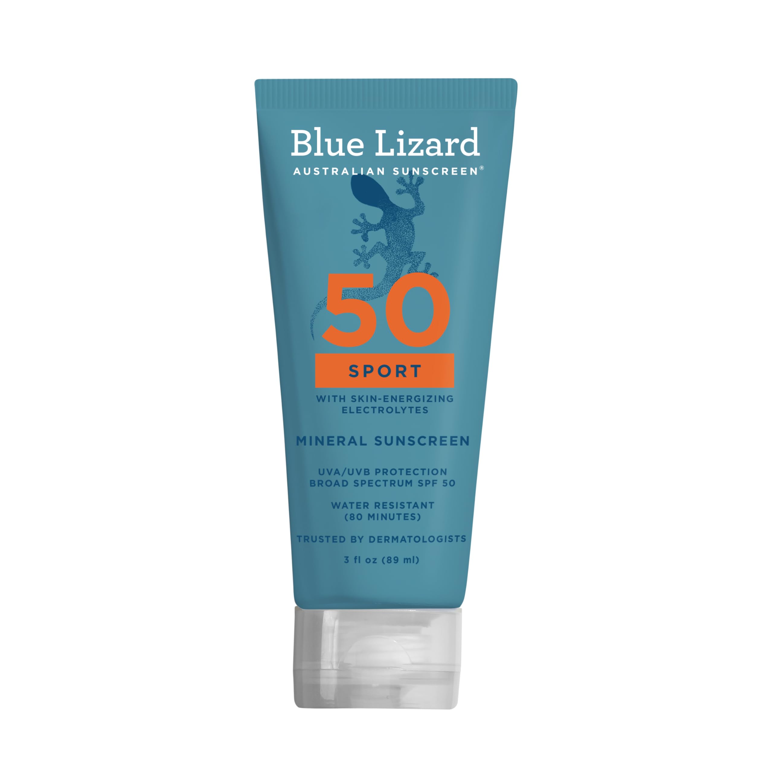 Blue Lizard Sport SPF 50 front packaging showing compact travel bottle and protection benefits