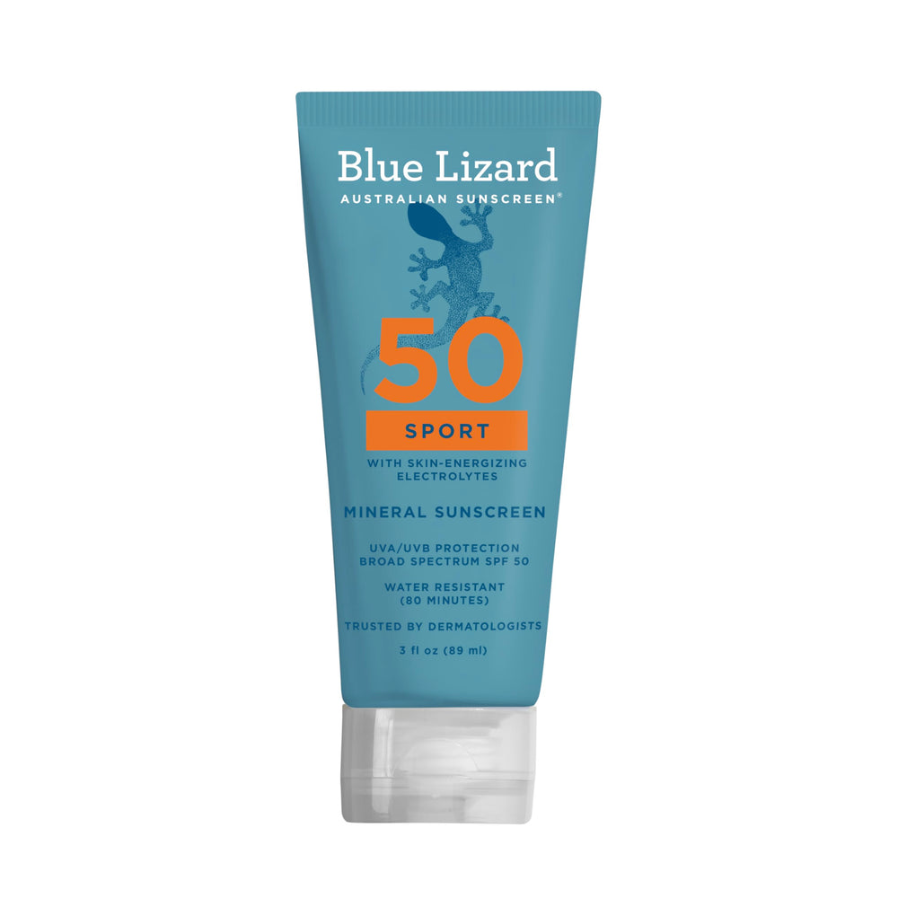 Blue Lizard Sport SPF 50 front packaging showing compact travel bottle and protection benefits