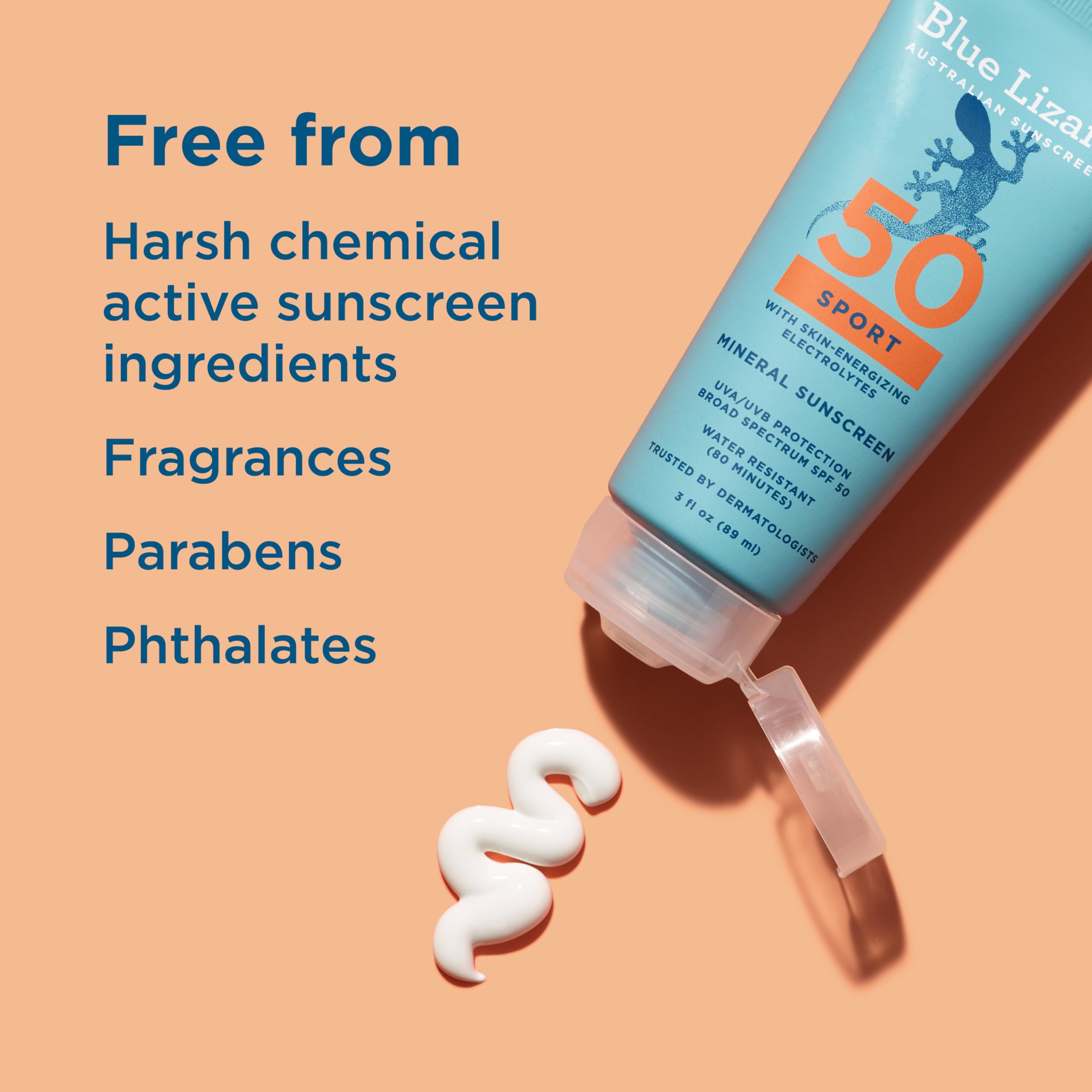 Label close-up of Blue Lizard Sport SPF 50 listing zinc oxide and titanium dioxide actives