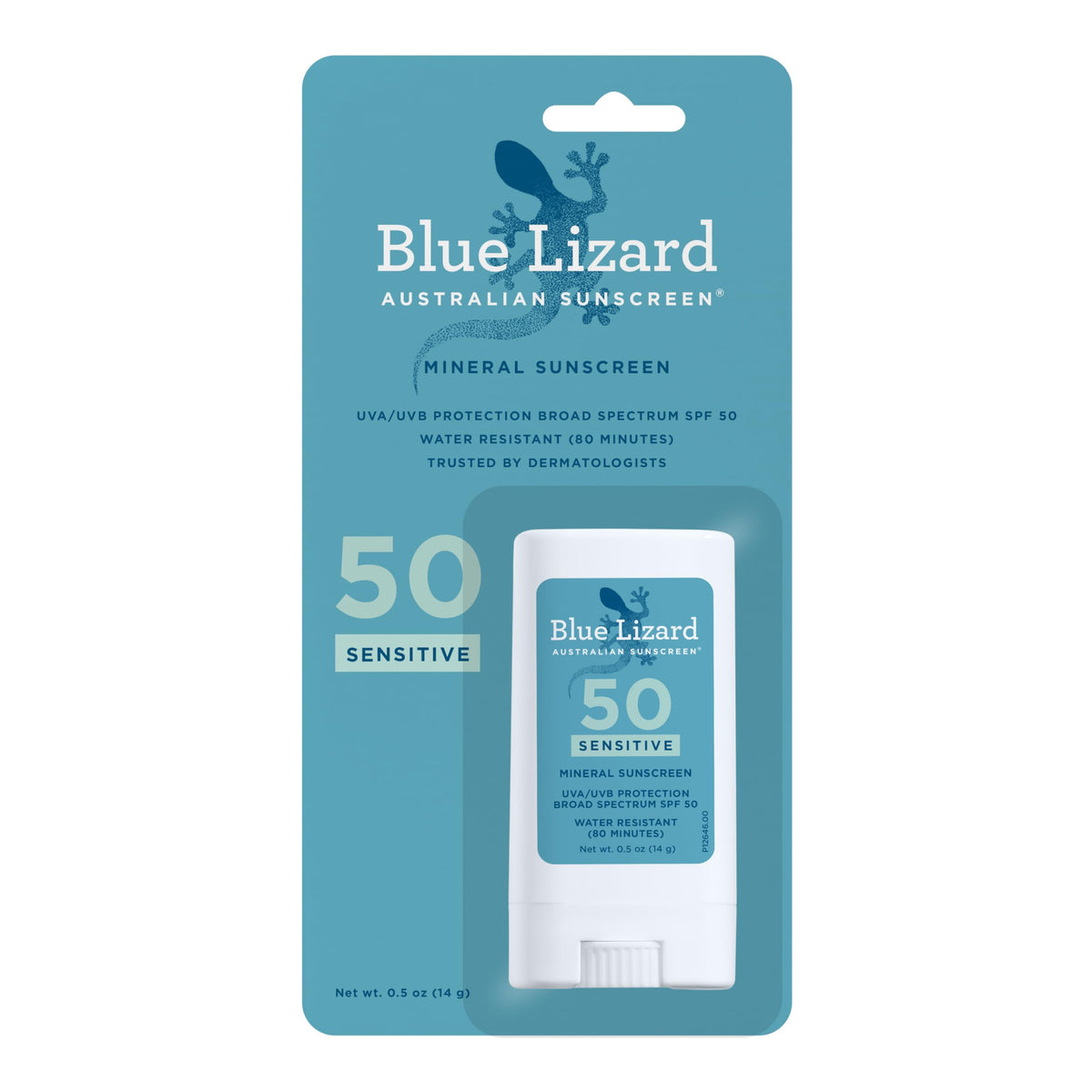 Blue Lizard stick front package showing SPF 50+ protection and compact design