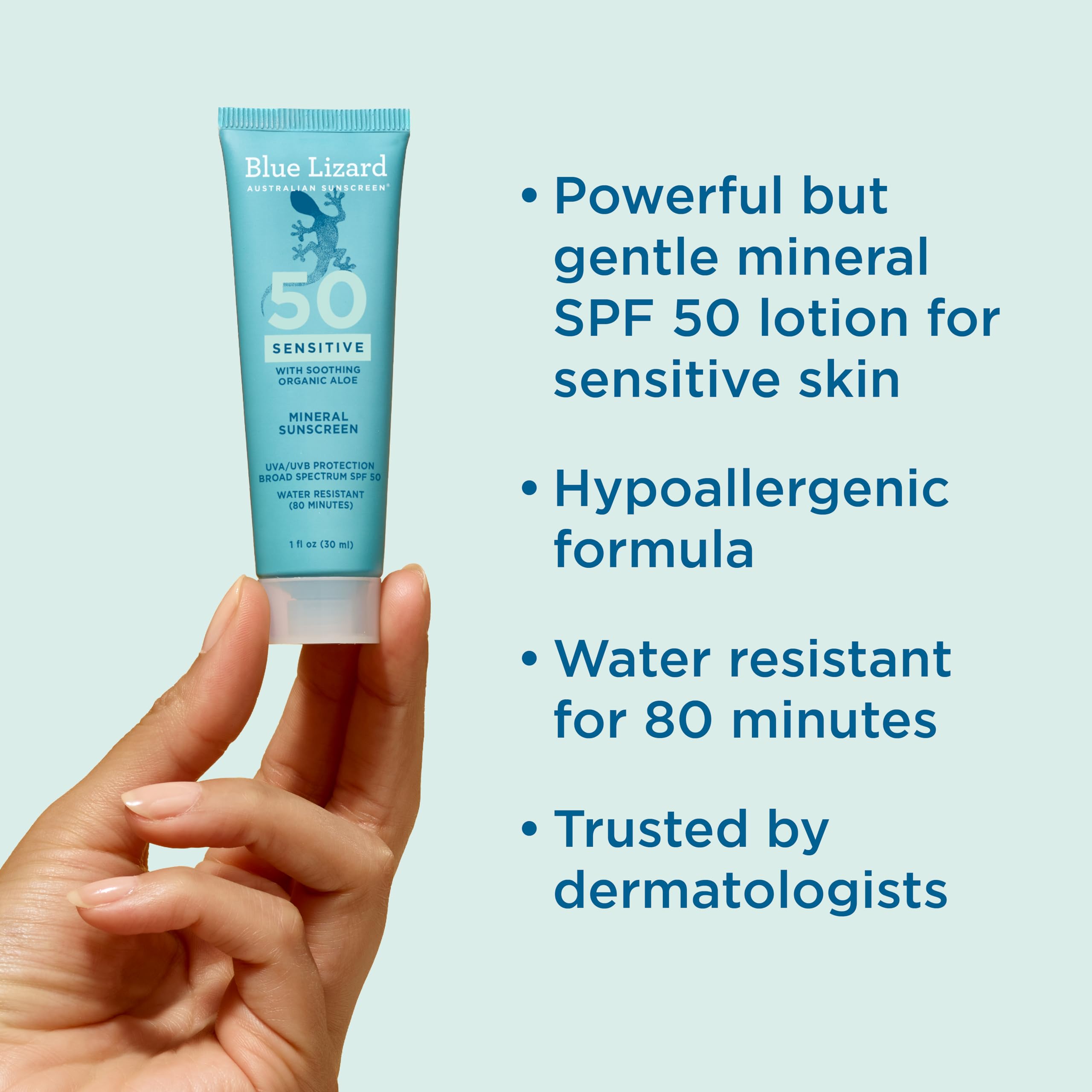 Blue Lizard lotion texture close-up showing mineral, non-greasy finish benefit