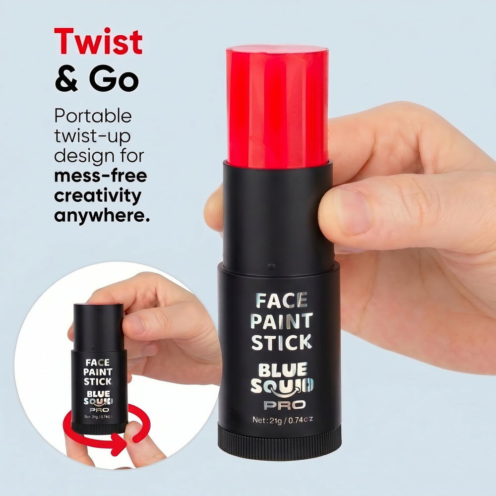 Close-up texture of Blue Squid PRO red paint stick highlighting smooth pigment payoff