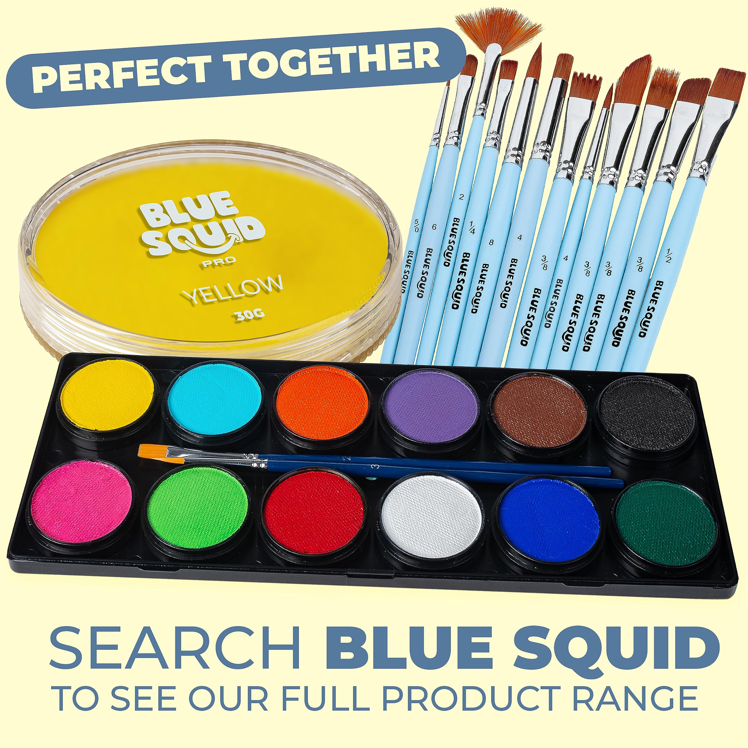 Blue Squid yellow on a palette at a party setup showing quick booth-ready color