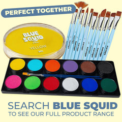Blue Squid yellow on a palette at a party setup showing quick booth-ready color