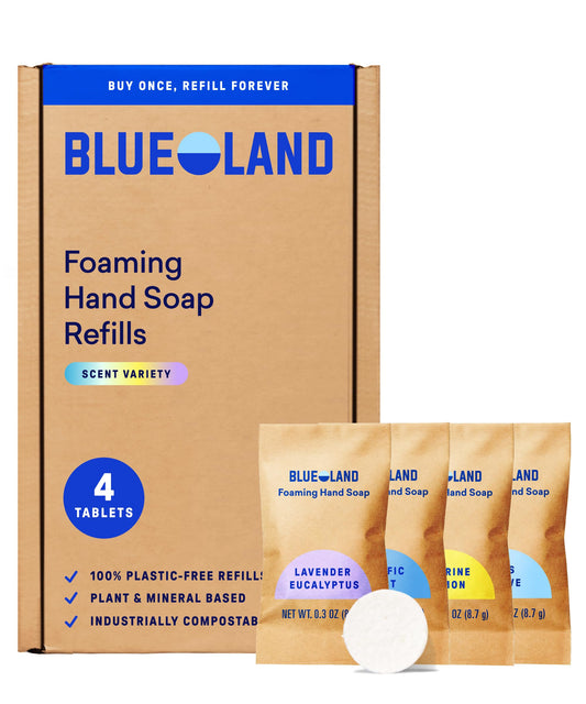 BLUELAND Forever Bottle front view showing refillable design and durable glass benefit