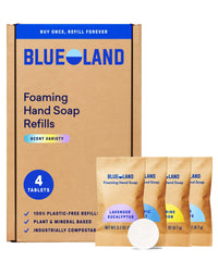 BLUELAND Forever Bottle front view showing refillable design and durable glass benefit