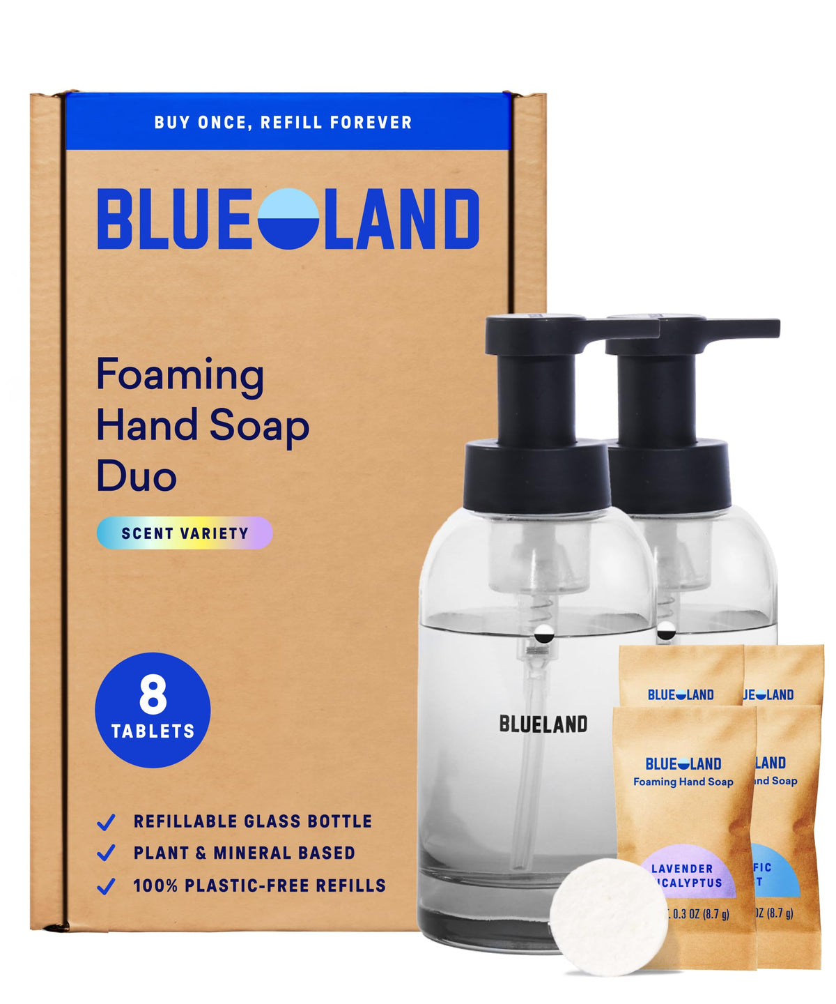 BLUELAND forever bottle pair front view shows durable glass and sleek pumps for reduced waste