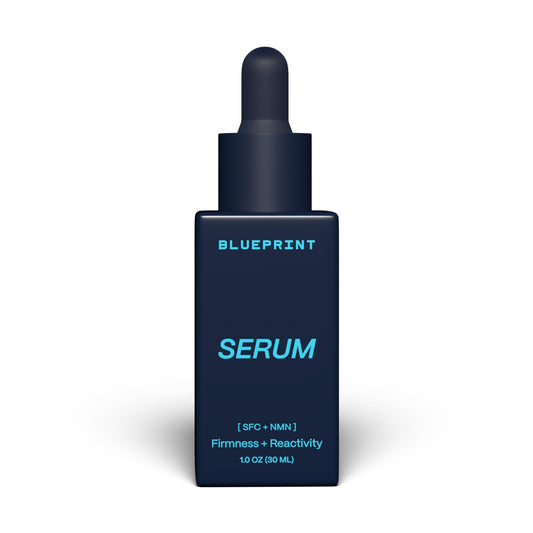 Blueprint Bryan Johnson serum front bottle shows sleek design and easy application benefit
