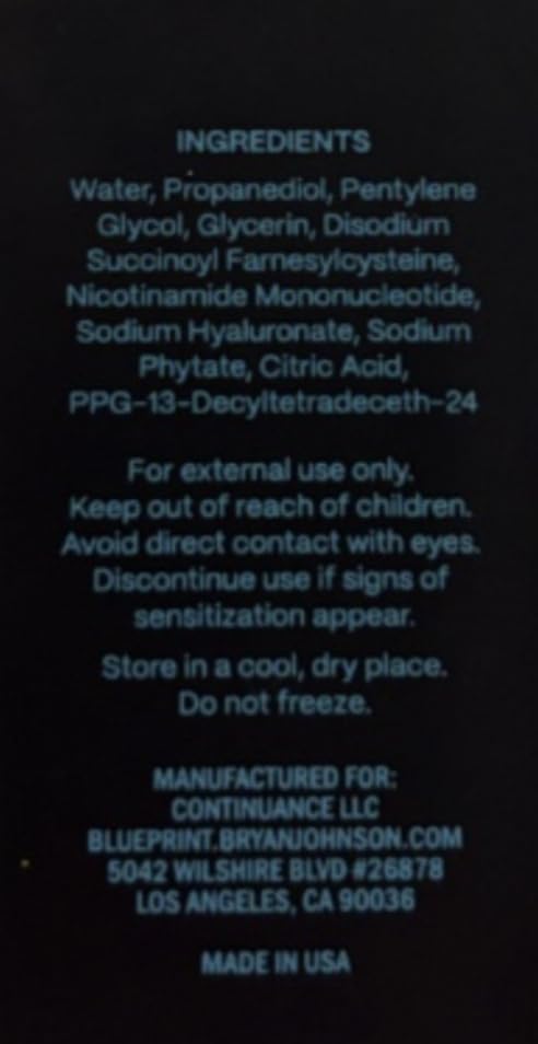 Blueprint Bryan Johnson back label close-up showing formulation details and directions benefit