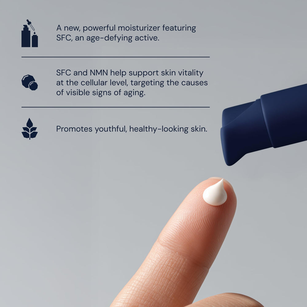 Moisturizer on bathroom counter next to serum illustrating Blueprint Bryan Johnson routine synergy
