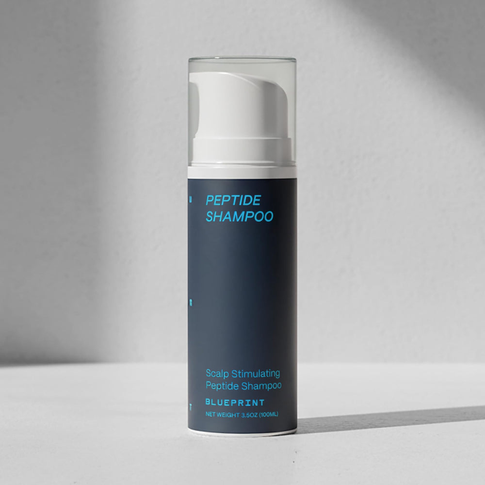 Blueprint Bryan Johnson pump and label close-up emphasizing peptide complex and ingredient clarity