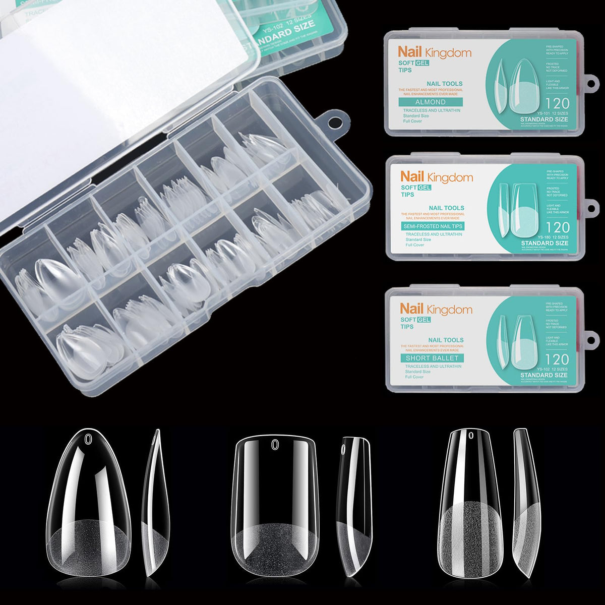 BlueZOO front packaging kit showing three style boxes and 360 nails benefit fast selection