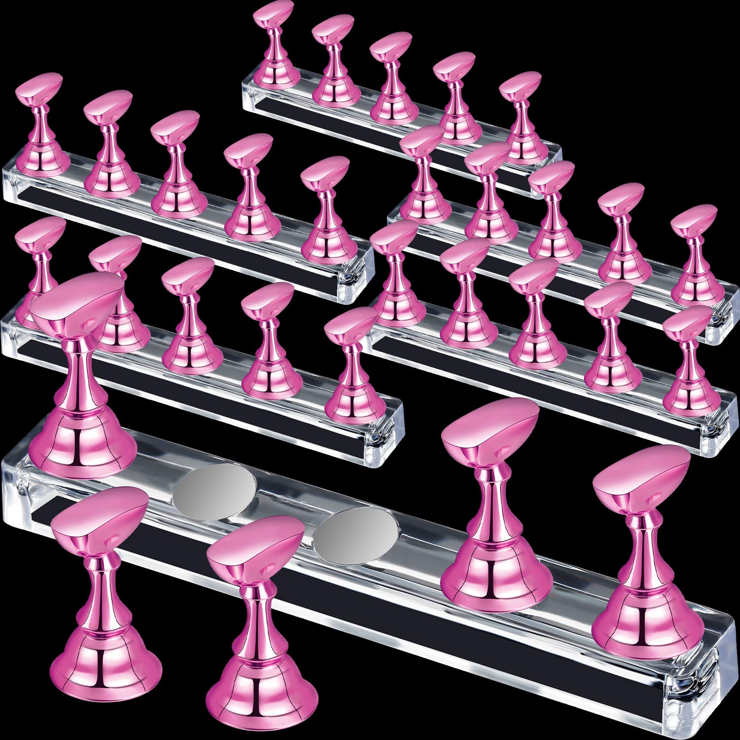 Blulu front view showing six light-pink acrylic bases and mounted tips for neat display