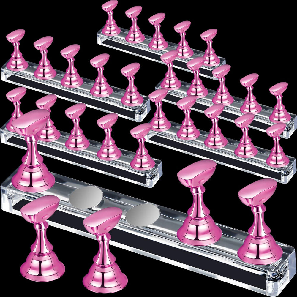 Blulu front view showing six light-pink acrylic bases and mounted tips for neat display