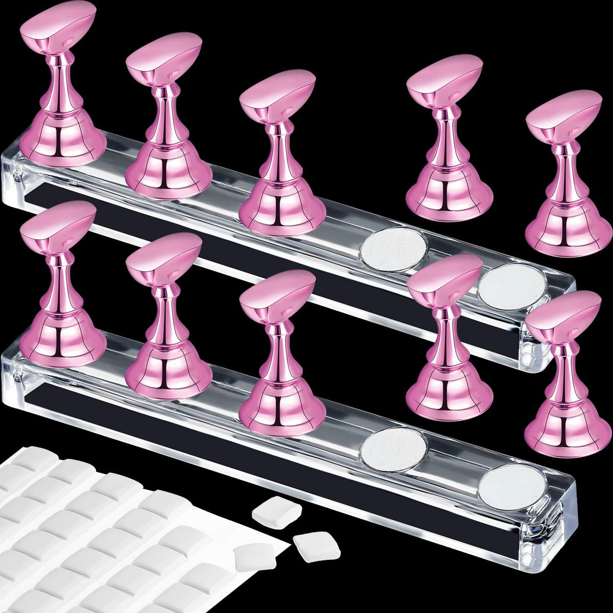 Blulu front view metal pink stand showing tidy nail tip display and easy setup