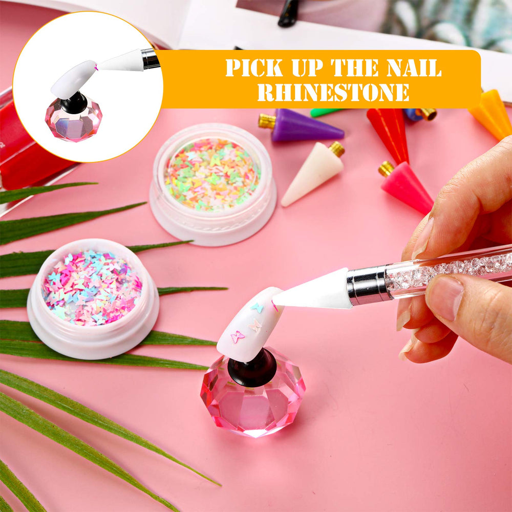 Blulu tip in use picking a rhinestone on a nail to speed and improve placement accuracy