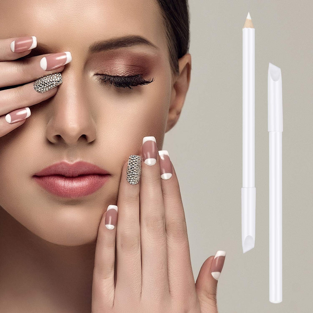 Blulu pencils on vanity with polish showing easy at-home French manicure