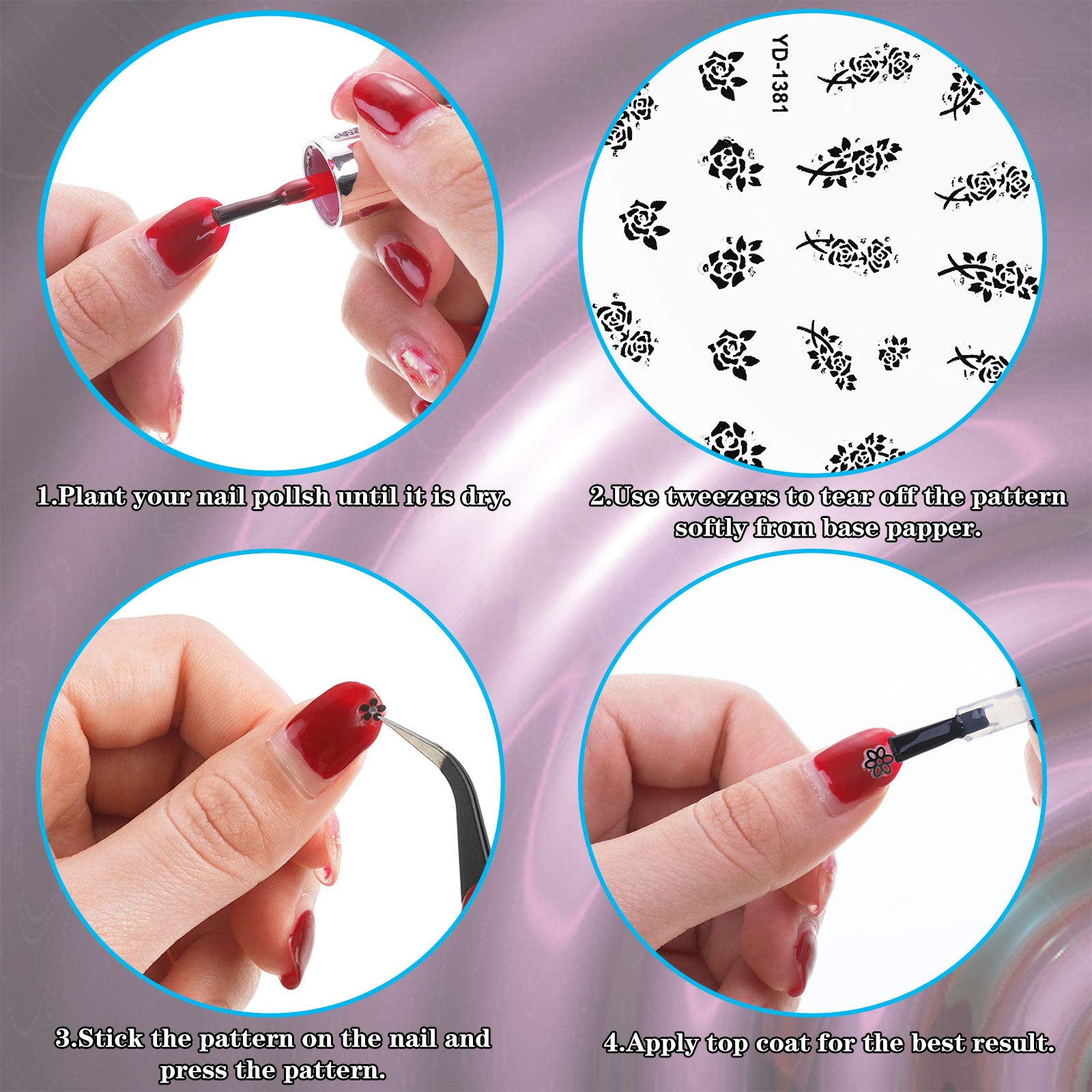 Blulu nail application showing finished floral accents that add instant manicure polish