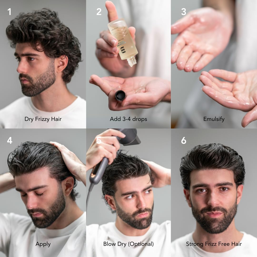 BLUMAAN applying oil to damp hair to reduce frizz and improve manageability