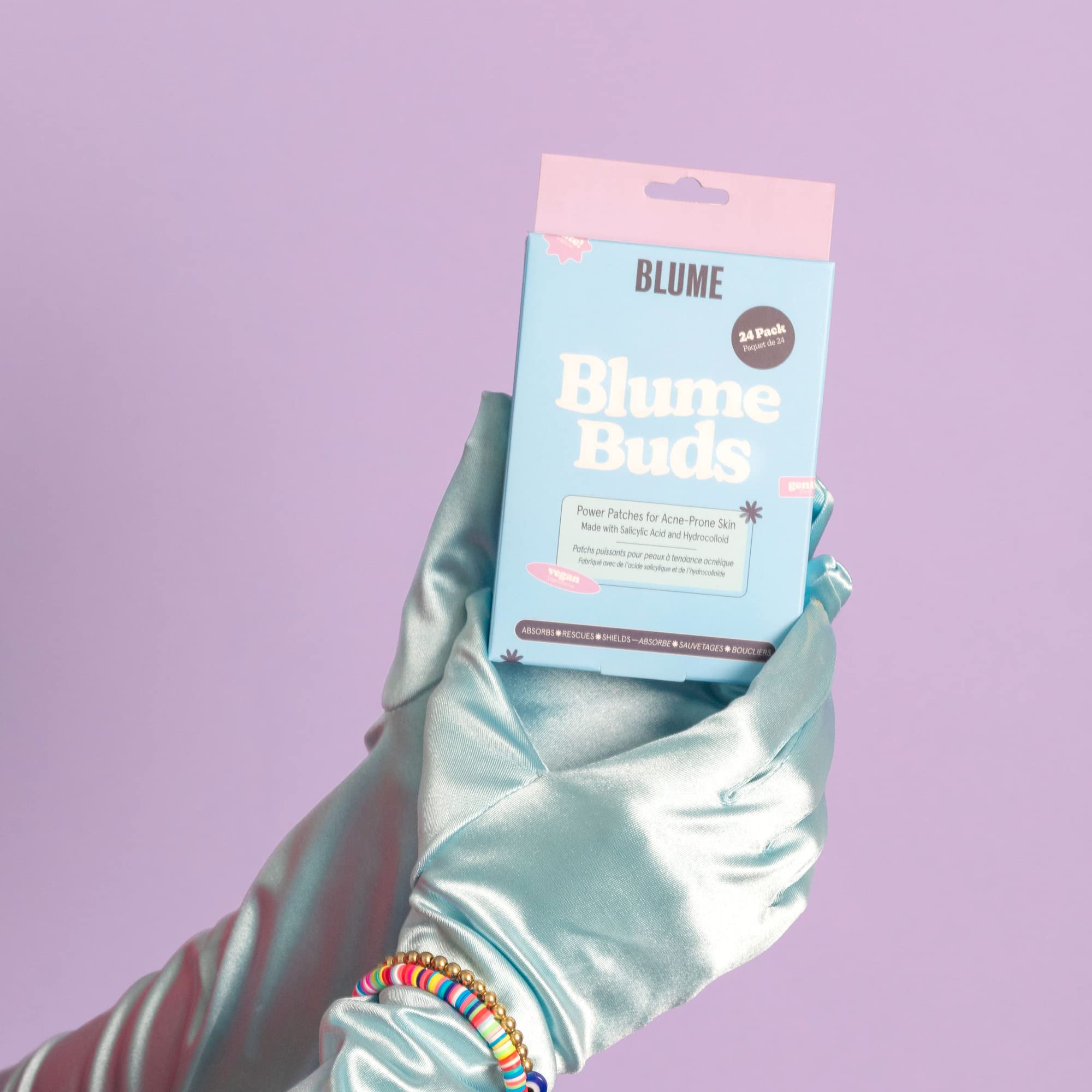 Blume patch applied on cheek protecting blemish and reducing redness