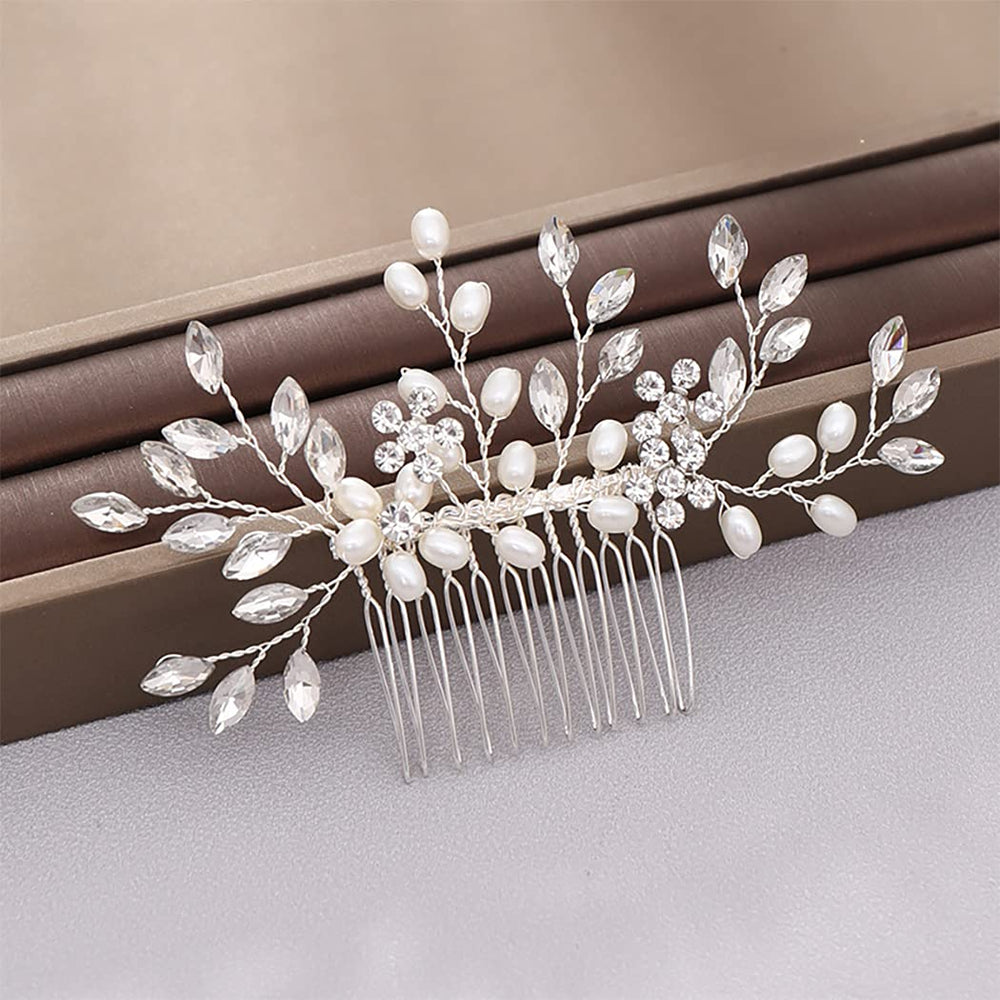 Bmirth front view of bridal comb showing elegant pearls and sparkle benefits styling