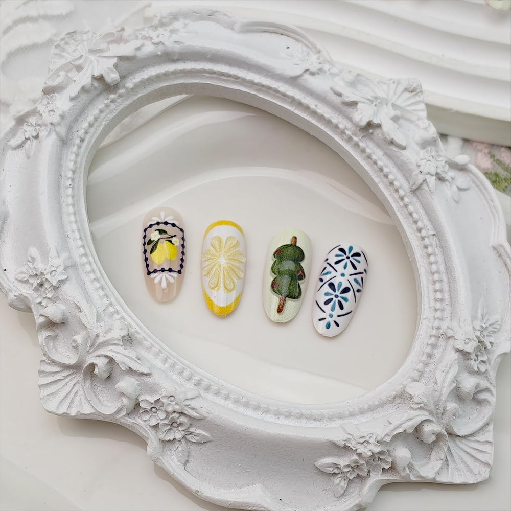 BMKKOT blue bohemia patterned nails top view highlighting vivid colors and artisan look