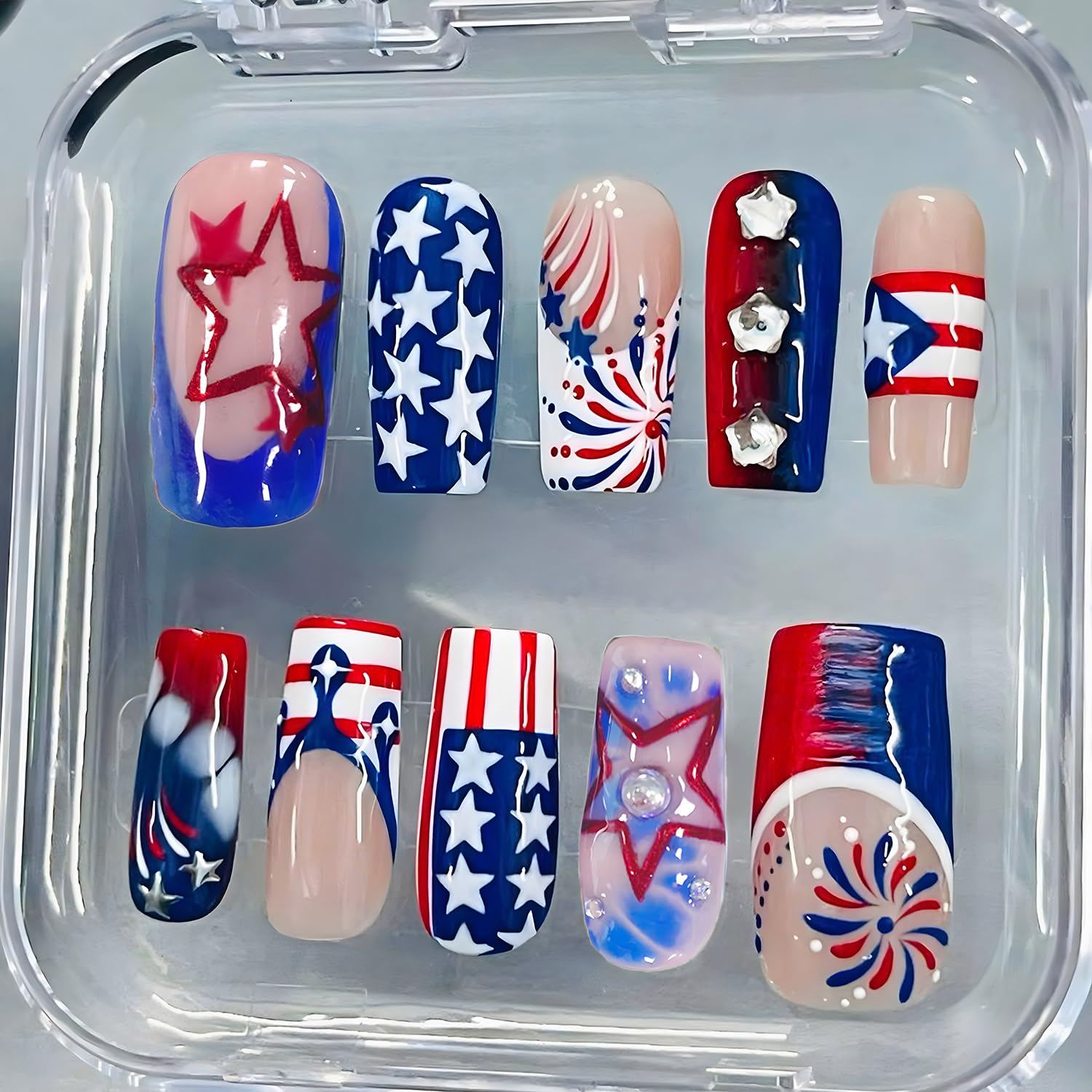 BMKKOT front packaging showing 24-piece patriotic press-on nails and accessories for quick application