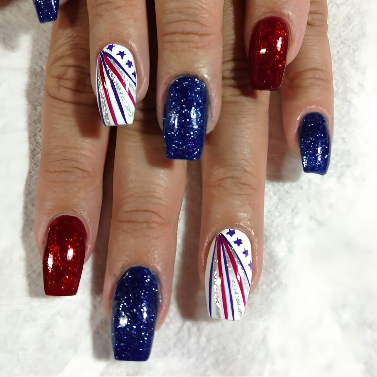 BMKKOT front view of press-on nails set showing patriotic red blue glitter benefits easy styling