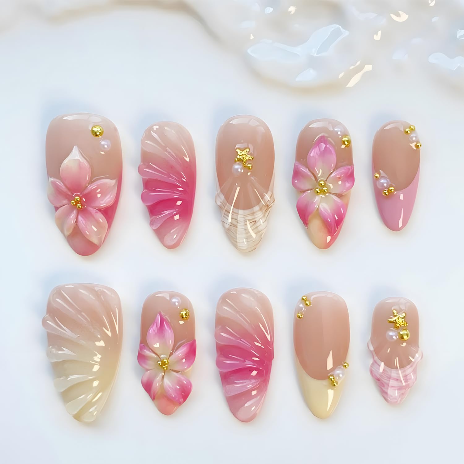 BMKKOT front view of floral French tip press-on nails, shows full set and benefits