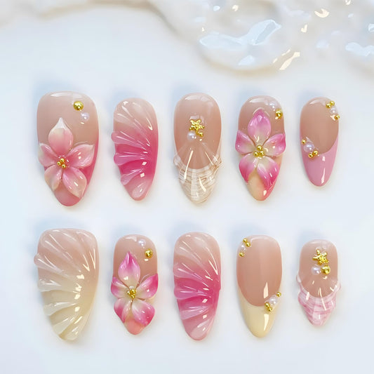 BMKKOT front view of floral French tip press-on nails, shows full set and benefits