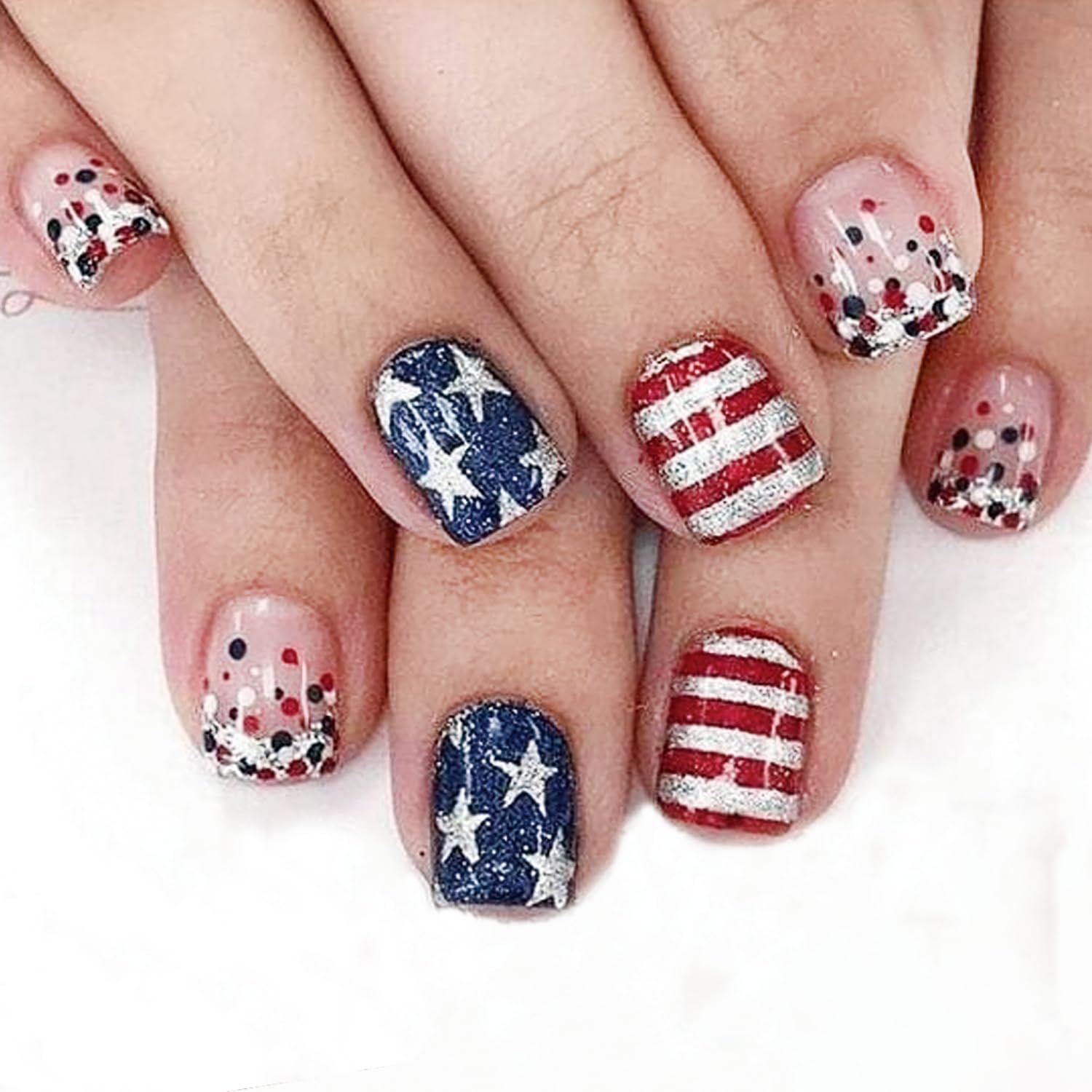 BMKKOT front packaging showing patriotic press on nails and accessories for quick application