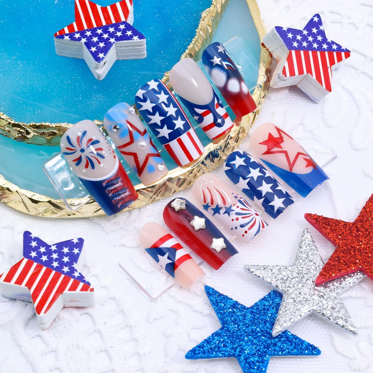 BMKKOT model wearing patriotic nails illustrating instant holiday-ready manicure