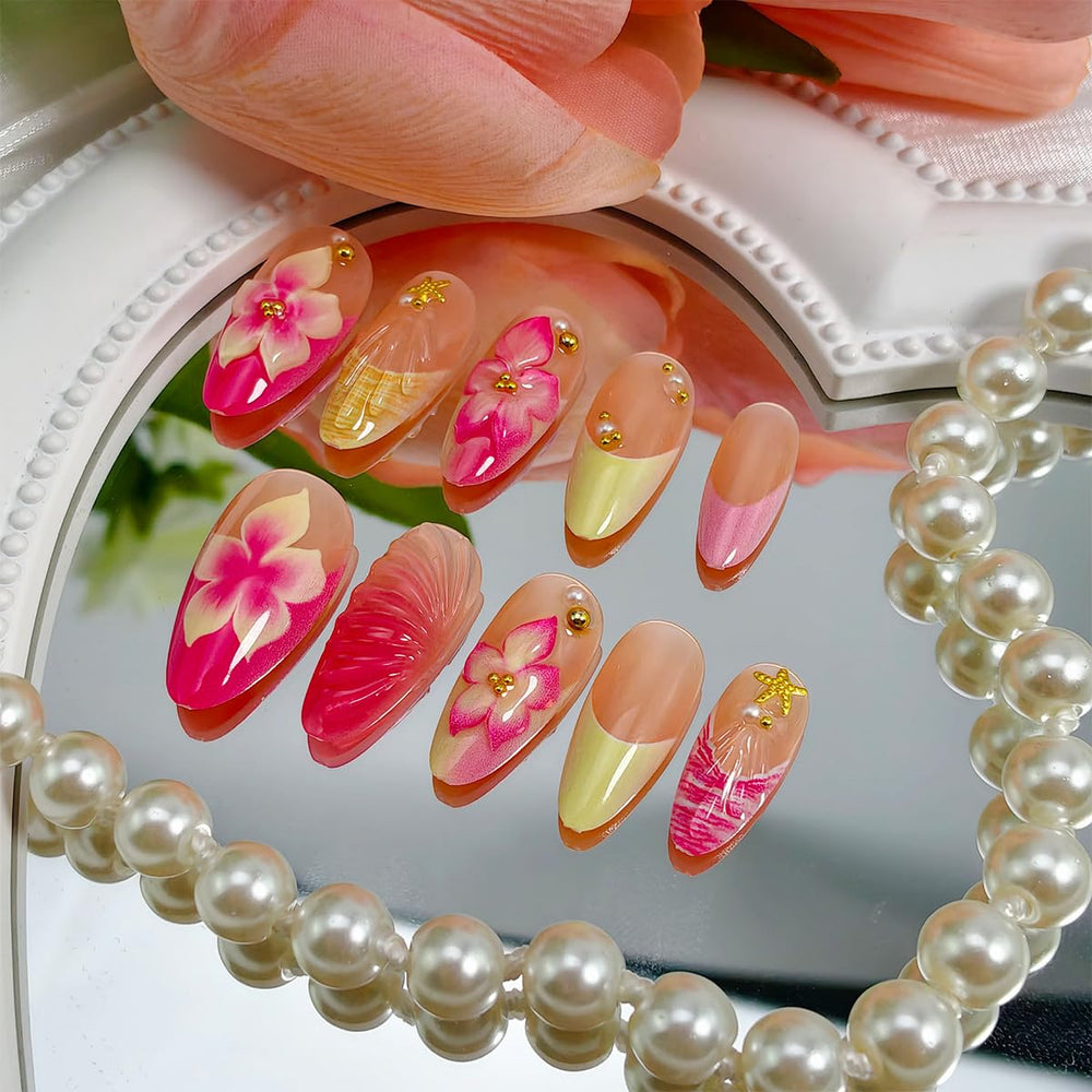 BMKKOT side profile of medium almond nail shape, demonstrates flattering length