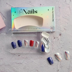 BMKKOT nails worn on hand in patriotic outfit showing instant festive manicure benefit